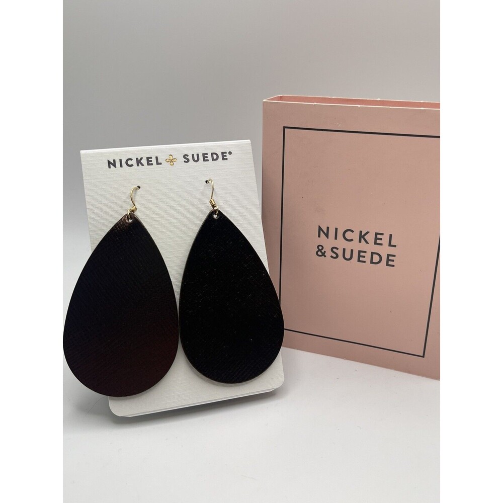 Nickel & Suede Textured Metallic Cocoa Brown Leather Teardrop Earrings New